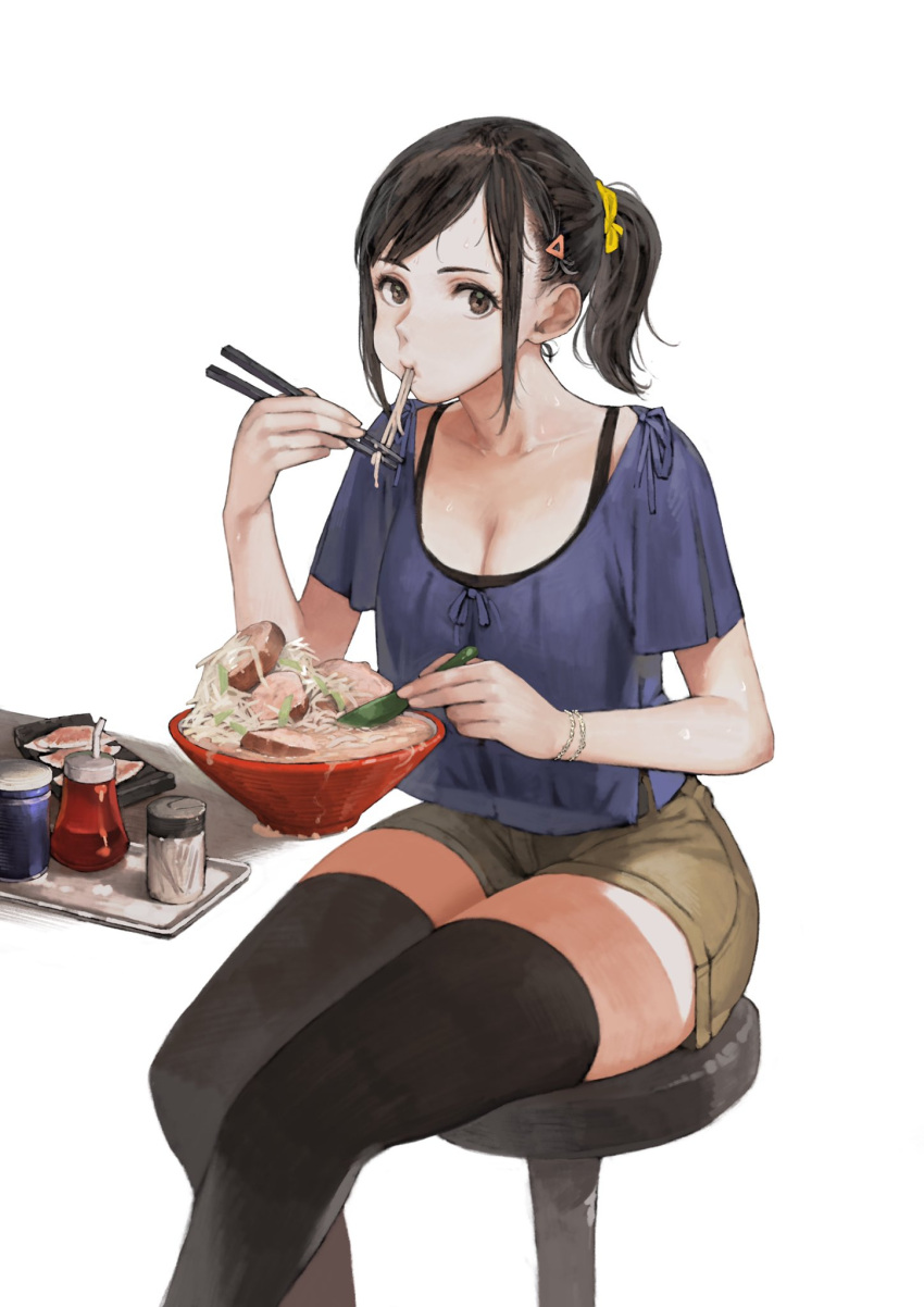 1girl black_hair bowl chopsticks eating food hair_ornament hairclip highres holding jun_(seojh1029) kneeling looking_at_viewer noodles original ponytail ramen solo