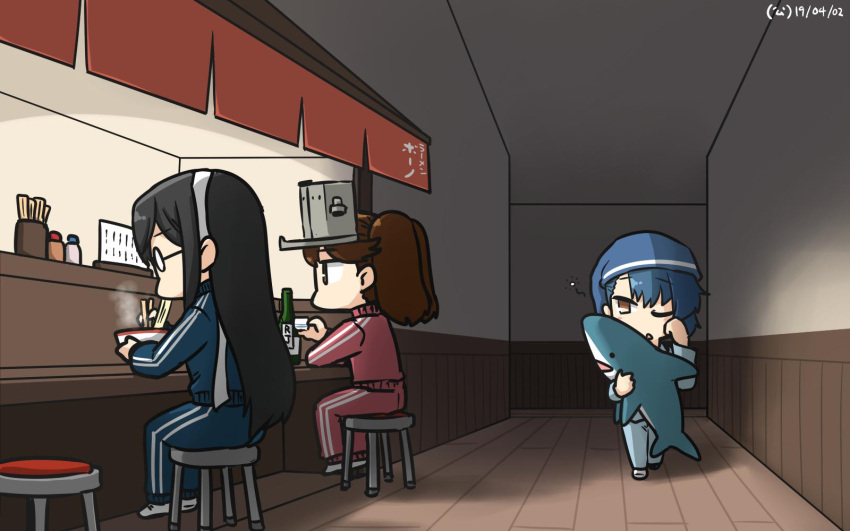 3girls alcohol alternate_costume black_hair blue_hair blue_jacket blue_pants brown_eyes brown_hair chibi eating eyebrows_visible_through_hair food fukae_(kantai_collection) glasses hamu_koutarou highres ikea_shark jacket kantai_collection long_hair multiple_girls one_eye_closed ooyodo_(kantai_collection) pants red_jacket red_pants ryuujou_(kantai_collection) short_hair side_ponytail sidelocks sitting sleepwear sportswear stuffed_animal stuffed_shark stuffed_toy toy twintails visor_cap