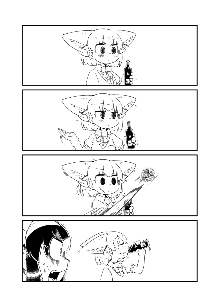 2girls 4koma animal_ears bangs bottle bow bowtie check_commentary closed_eyes comic commentary_request common_raccoon_(kemono_friends) cup drinking_glass eyebrows_visible_through_hair fennec_(kemono_friends) fox_ears greyscale highres holding holding_bottle ino_(tellu0120) kemono_friends monochrome multiple_girls open_mouth raccoon_ears short_hair short_sleeves silent_comic teeth upper_body