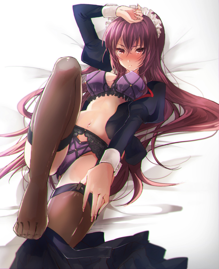 1girl alternate_costume arm_up artist_request bangs black_dress blush bra breasts closed_mouth dress enmaided fate/grand_order fate_(series) feet garter_belt hair_between_eyes highres juliet_sleeves large_breasts leg_up legs long_hair long_sleeves looking_at_viewer lying maid maid_headdress navel on_back panties puffy_sleeves purple_bra purple_hair purple_panties red_eyes scathach_(fate)_(all) scathach_(fate/grand_order) solo thigh-highs thighs underwear wrist_cuffs