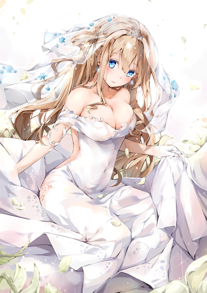 1girl absurdres bangs bare_shoulders blonde_hair blue_eyes blush breasts bridal_veil bride cleavage closed_mouth collarbone covered_navel crystal day dress dress_lift earrings eyebrows_visible_through_hair girls_frontline glint gloves hair_between_eyes hair_ornament half_gloves highres hmw_(pixiv7054584) jewelry long_hair looking_at_viewer medium_breasts off-shoulder_dress off_shoulder one_side_up outdoors sidelocks snowflake_earrings solo suomi_kp31_(girls_frontline) tiara veil wedding_dress white_dress white_gloves