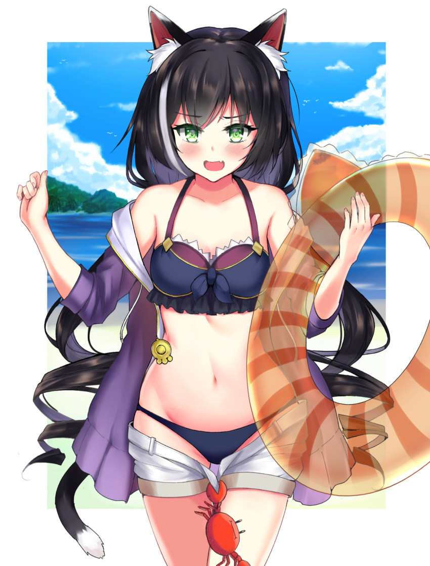 1girl animal_ear_fluff animal_ears arm_up bare_shoulders bikini black_hair blue_bikini blush breasts cat_ears cat_girl cat_tail collarbone cowboy_shot crab eyebrows_visible_through_hair fang green_eyes highres holding holding_innertube innertube jacket kavies kyaru_(princess_connect) looking_at_viewer low_twintails medium_breasts multicolored_hair navel open_mouth princess_connect! princess_connect!_re:dive purple_jacket revision short_shorts shorts shorts_pull skin_fang solo standing stomach streaked_hair swimsuit tail twintails white_hair white_shorts