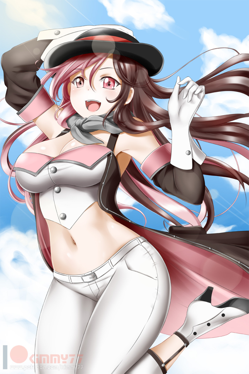 1girl alfred_cullado blue_sky boots breasts brown_hair cleavage clouds gloves hair_between_eyes hat high_heel_boots high_heels highres hip_focus jumping lens_flare long_hair midriff multicolored_hair navel neo_(rwby) open_mouth panties pants pink_eyes rwby sky smile solo teeth tight tight_pants underwear white_gloves