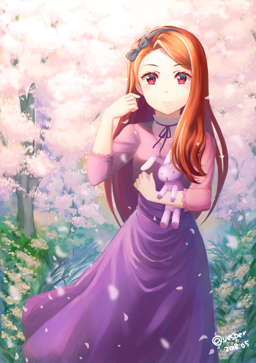 1girl 2018 adjusting_hair bangs black_bow black_hairband bow brown_hair dated dress eyebrows_visible_through_hair hair_bow hairband highres holding holding_stuffed_animal idolmaster idolmaster_(classic) long_dress long_hair long_sleeves looking_at_viewer minase_iori neck_ribbon outdoors petals purple_dress purple_ribbon red_eyes ribbon smile solo standing stuffed_animal stuffed_toy swept_bangs very_long_hair vesper_(pixiv3568)