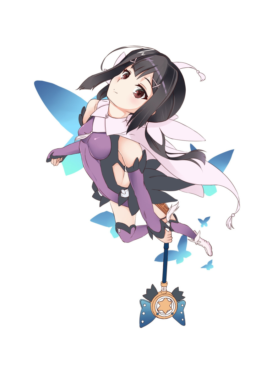 1girl black_hair bodysuit boots breasts brown_eyes bug butterfly cape detached_collar detached_sleeves fate/kaleid_liner_prisma_illya fate_(series) full_body hair_ornament highres holding holding_staff insect kultur long_hair long_sleeves looking_at_viewer magical_girl magical_sapphire miyu_edelfelt purple_bodysuit purple_legwear purple_sleeves shiny shiny_hair simple_background small_breasts solo staff thigh-highs thigh_strap white_background white_cape white_footwear x_hair_ornament