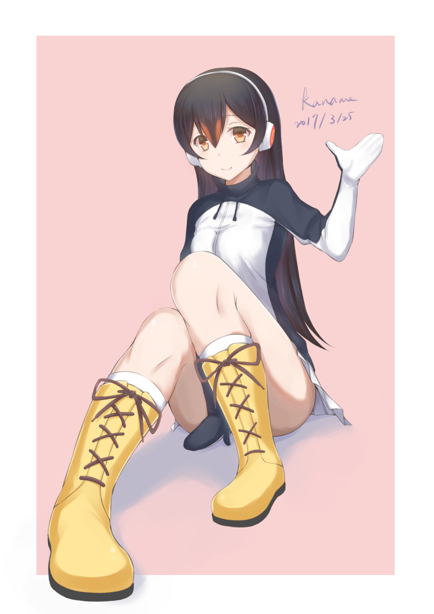 1girl artist_name ass between_legs black_hair boots breasts commentary_request dated dot_nose gentoo_penguin_(kemono_friends) hair_between_eyes hand_between_legs headphones highres jacket kaname_(melaninusa09) kemono_friends long_hair long_sleeves looking_at_viewer medium_breasts penguins_performance_project_(kemono_friends) pink_background red_ribbon ribbon simple_background sitting sleeves_past_wrists smile yellow_footwear