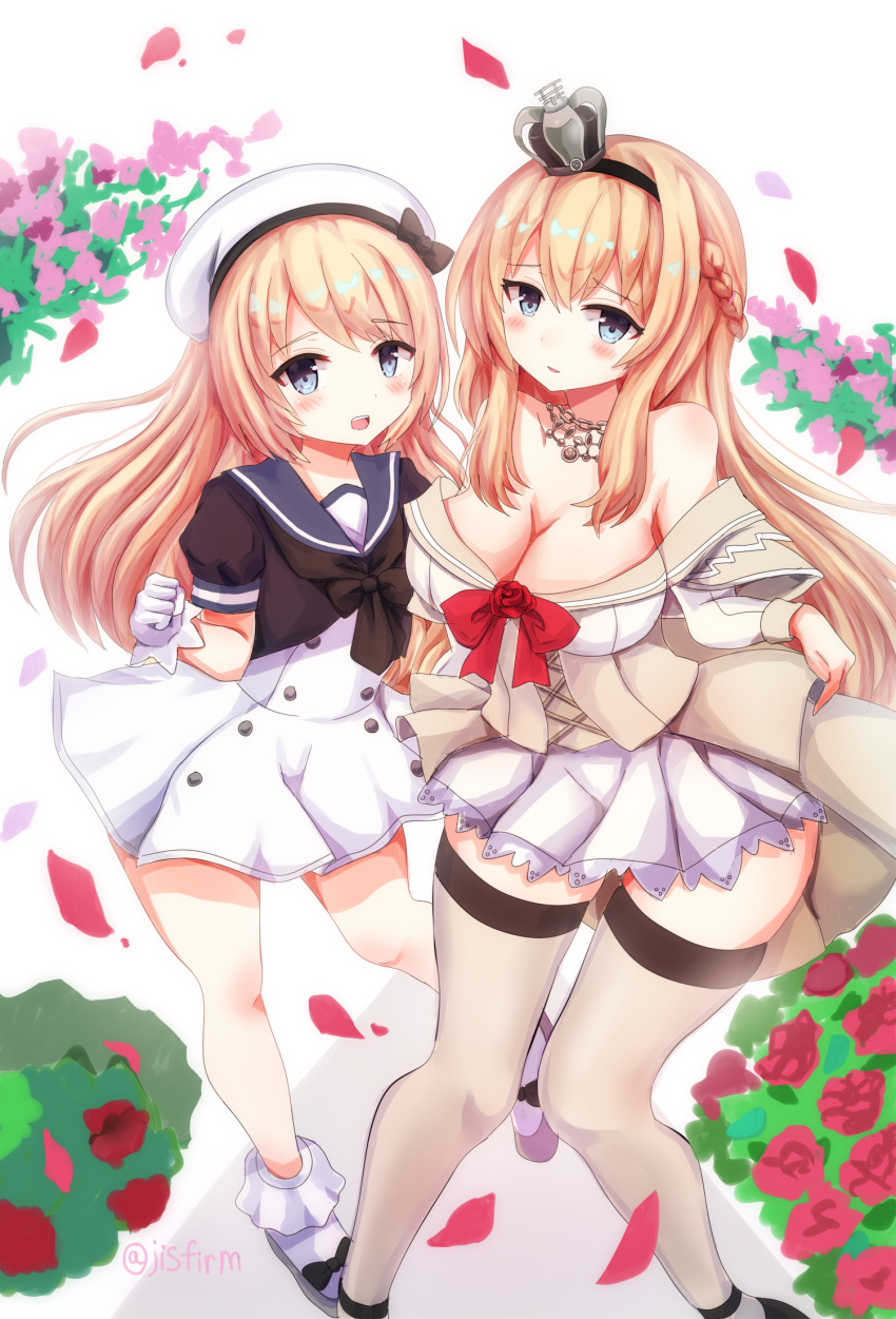 2girls blonde_hair blue_eyes blue_sailor_collar braid breasts cleavage crown dress flower french_braid full_body gloves grey_legwear hair_between_eyes hat highres jervis_(kantai_collection) kantai_collection long_hair long_sleeves mazeru_(jisjifin) medium_breasts mini_crown multiple_girls off-shoulder_dress off_shoulder open_mouth petals sailor_collar sailor_dress sailor_hat short_sleeves simple_background standing thigh-highs warspite_(kantai_collection) white_background white_dress white_gloves white_headwear