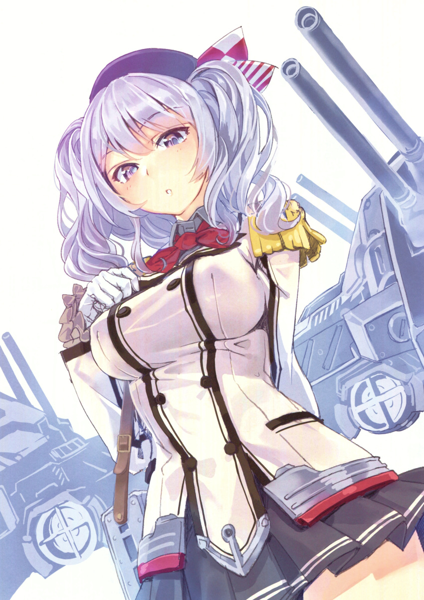 1girl absurdres arm_behind_back beret black_headwear black_skirt blue_eyes blush breasts buttons cannon clenched_hand dutch_angle epaulettes eyebrows_visible_through_hair female frilled_sleeves frills from_below gloves hair_ribbon hand_on_own_chest hat highres jacket kantai_collection kashima_(kantai_collection) kerchief large_breasts long_hair long_sleeves looking_at_viewer looking_down machinery miniskirt parted_lips pleated_skirt red_neckwear ribbon scan sidelocks silver_hair skirt solo standing tsurime turret twintails uniform wavy_hair yahako
