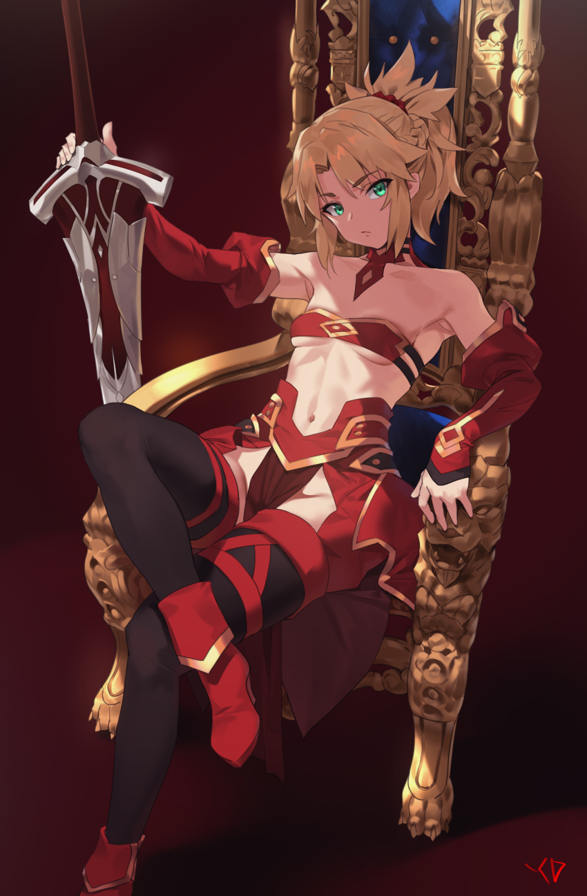 1girl absurdres aqua_eyes bangs bare_shoulders blonde_hair boots braid breasts closed_mouth commentary_request detached_sleeves fate/apocrypha fate/grand_order fate_(series) french_braid full_body head_tilt highres holding holding_sword holding_weapon legs_crossed looking_at_viewer mordred_(fate) mordred_(fate)_(all) navel ponytail sidelocks signature sitting small_breasts solo strapless sword throne tubetop under_boob weapon yang-do