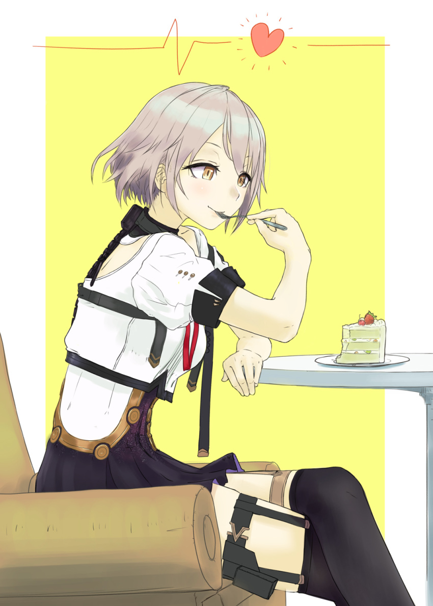 1girl cake commentary_request couch eating food fruit girls_frontline highres nito_(nshtntr) plate silver_hair smile solo spoon strawberry table thigh-highs thigh_strap vector_(girls_frontline) yellow_eyes
