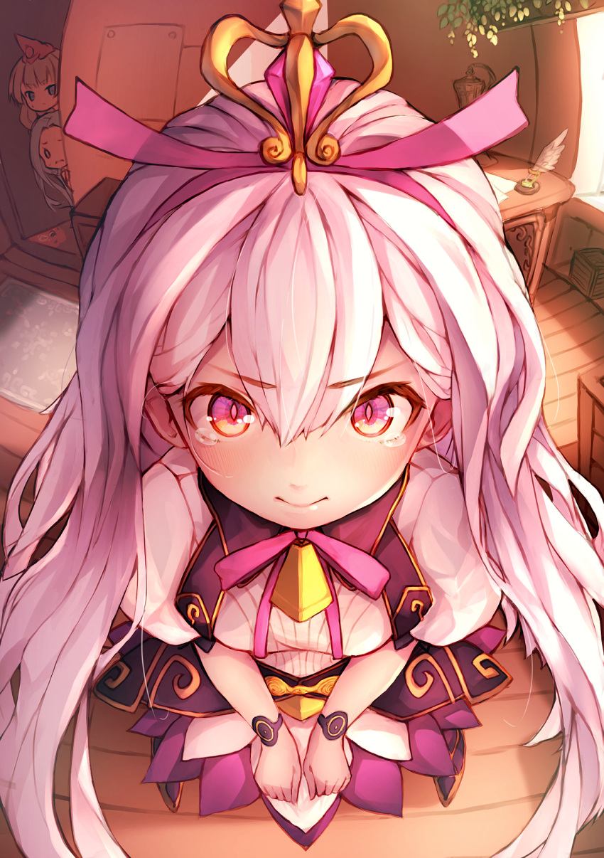 3girls athena_(granblue_fantasy) bangs blush carpet commentary_request desk eyebrows_visible_through_hair foreshortening from_above frown granblue_fantasy hair_between_eyes headpiece highres indoors lavender_hair layered_skirt long_hair looking_at_another looking_at_viewer lyria_(granblue_fantasy) medusa_(shingeki_no_bahamut) miniskirt multiple_girls peeking_out perspective plant pointy_ears puffy_short_sleeves puffy_sleeves red_eyes shadowverse shingeki_no_bahamut shirt short_sleeves skirt slit_pupils solid_oval_eyes standing sunlight tears unusablenameaaa v_arms very_long_hair wavy_hair white_shirt wooden_floor