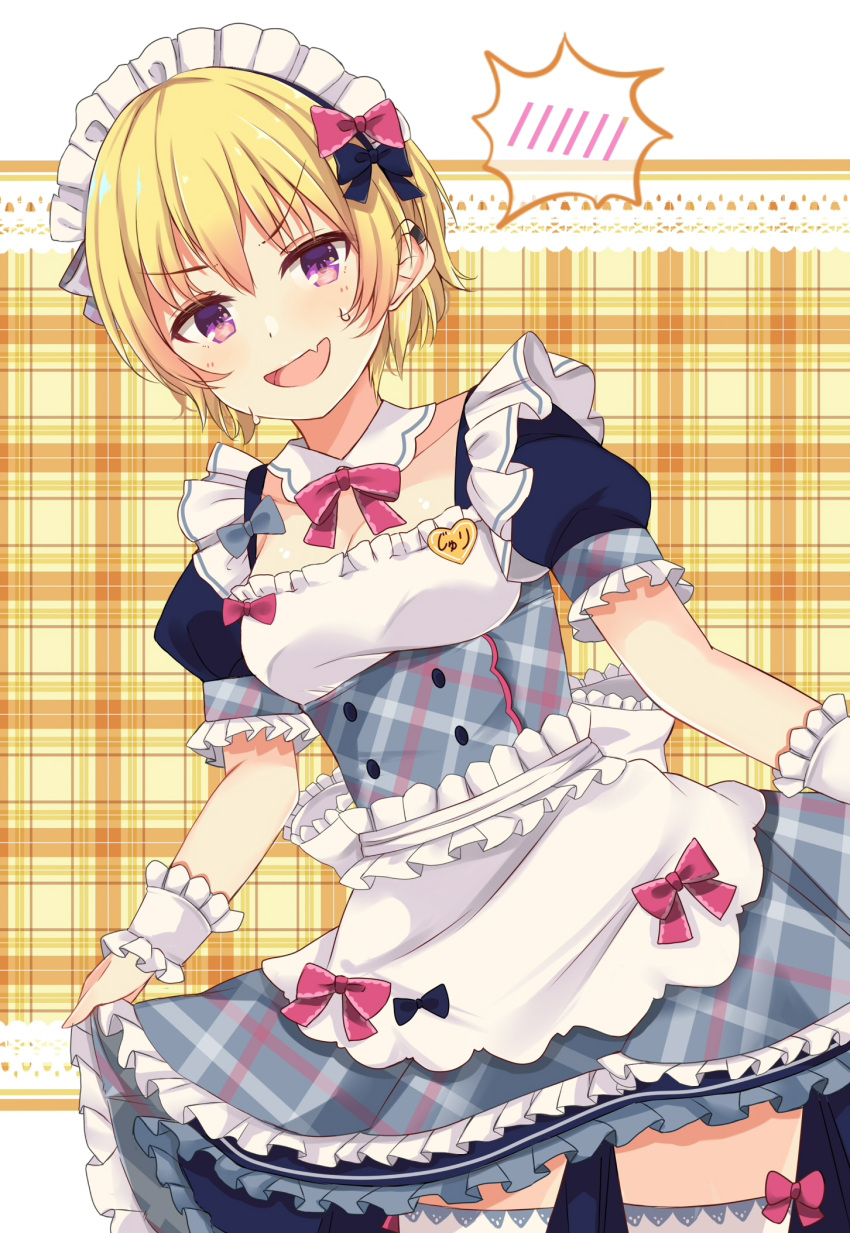 1girl :d amidada apron black_bow blonde_hair blush bow bowtie breasts cleavage collarbone cowboy_shot detached_collar dress fang frilled_cuffs frilled_dress frills hair_bow headdress highres idolmaster idolmaster_shiny_colors looking_at_viewer maid maid_apron maid_headdress medium_breasts open_mouth plaid plaid_background puffy_short_sleeves puffy_sleeves red_bow saijou_juri short_hair short_sleeves sidelocks skirt_hold smile solo spoken_blush standing sweat thigh-highs underbust v-shaped_eyebrows violet_eyes waist_apron white_legwear wrist_cuffs
