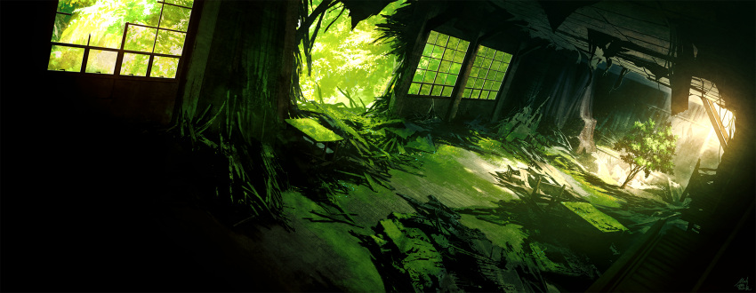 building commentary_request day dutch_angle green_theme highres hole_in_wall indoors mocha_(cotton) moss nature no_humans original ruins scenery sunlight table tree window wooden_floor