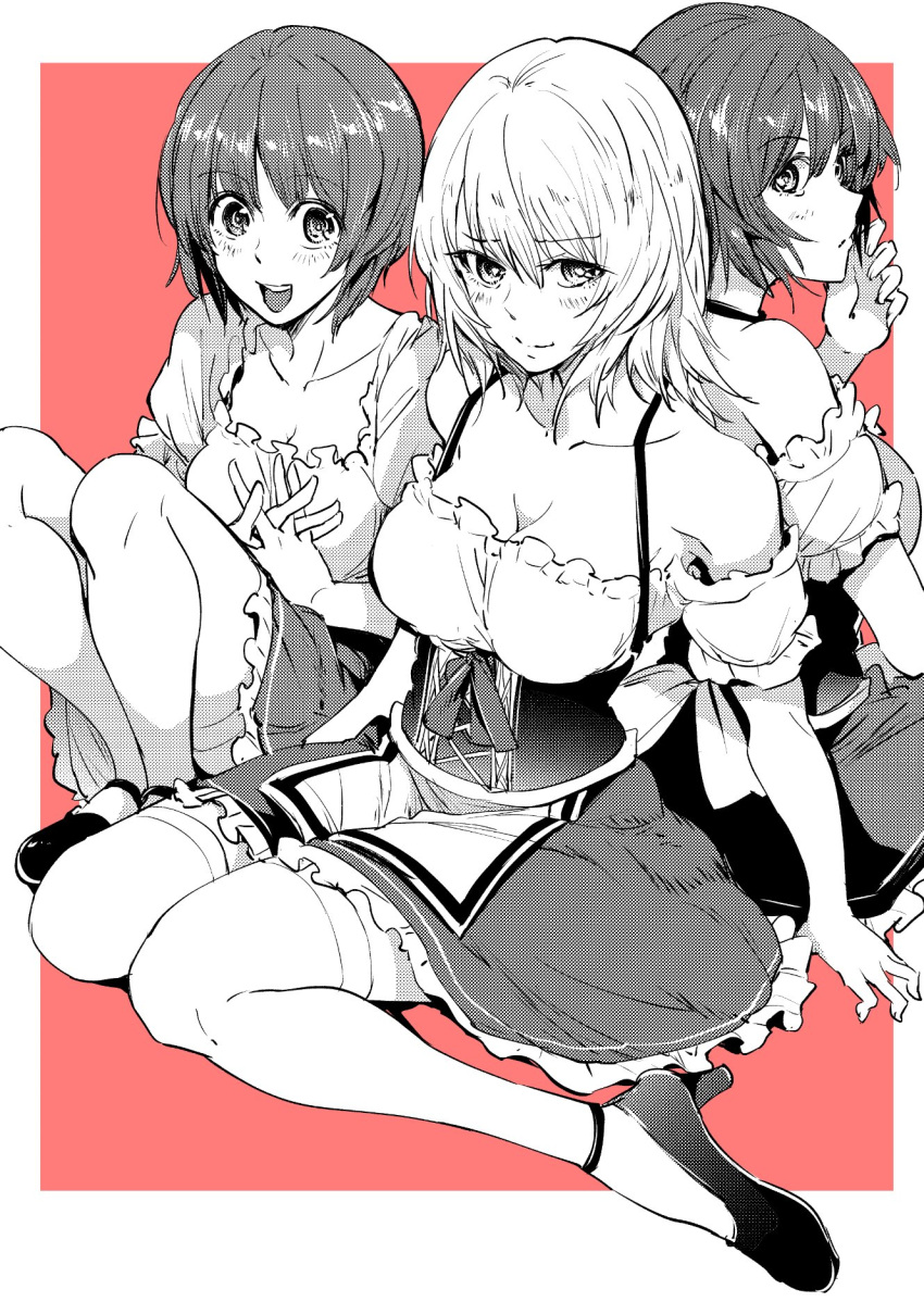3girls :d alternate_costume apron arm_support back-to-back bangs bonkara_(sokuseki_maou) breasts cleavage closed_mouth commentary corset dirndl dress eyebrows_visible_through_hair frilled_dress frills frown german_clothes girls_und_panzer greyscale hands_together high_heels highres interlocked_fingers itsumi_erika light_blush long_hair looking_at_viewer medium_breasts monochrome multiple_girls nishizumi_maho nishizumi_miho open_mouth outside_border partially_colored pink_background puffy_short_sleeves puffy_sleeves short_dress short_hair short_sleeves siblings sisters sitting smile thigh-highs underbust waist_apron wariza