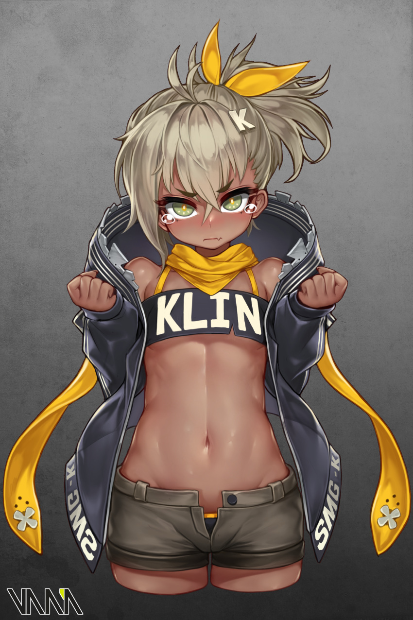 1girl antenna_hair artist_name bandeau bare_shoulders black_coat black_panties blush character_name clenched_hands closed_mouth clothes_writing coat cowboy_shot cropped_legs dark_skin eyebrows_visible_through_hair flat_chest frown girls_frontline green_eyes grey_background grey_hair hair_ornament hair_ribbon highres klin_(girls_frontline) long_sleeves looking_at_viewer navel open_clothes open_coat open_fly open_shorts panties panty_peek ponytail ribbon scarf short_hair shorts solo standing stomach tears thick_eyebrows underwear v-shaped_eyebrows vana yellow_ribbon yellow_scarf