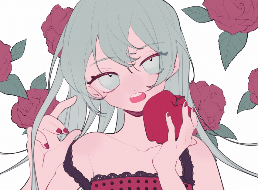 1girl alternate_hairstyle apple aqua_eyes aqua_hair bare_shoulders camisole collarbone flower food fruit half-closed_eyes hatsune_miku highres holding holding_food holding_fruit lace-trimmed_camisole lace_trim long_hair looking_at_viewer messy_hair nail_polish open_mouth pink_camisole polka_dot_camisole red_flower red_nails red_rose romeo_to_cinderella_(vocaloid) rose solo vocaloid yexie_pottle