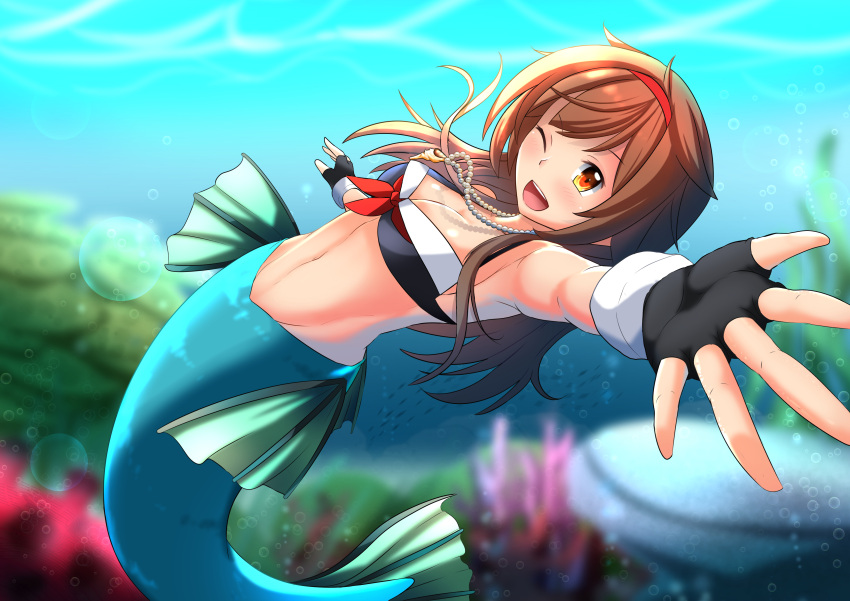 absurdres fingerless_gloves gloves hairband highres jewelry kantai_collection mermaid monster_girl monsterification necklace one_eye_closed selvalanch shiratsuyu_(kantai_collection) solo