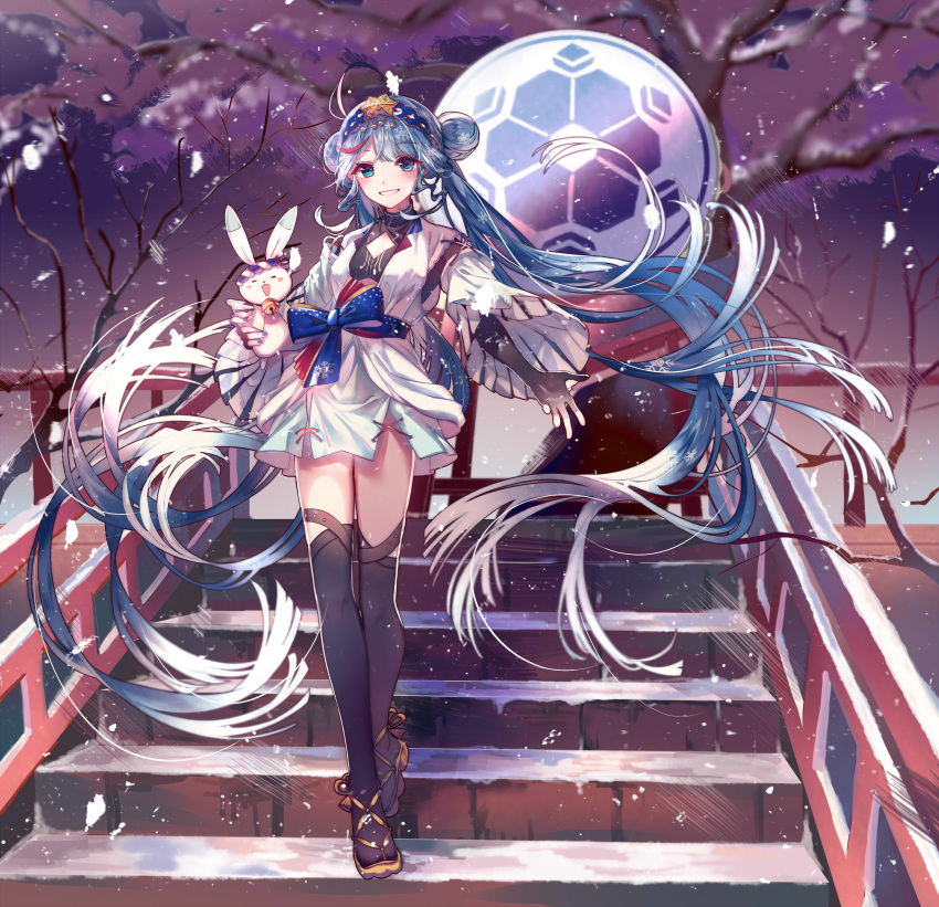1girl absurdly_long_hair absurdres ahoge akira_(ying) animal bell black_legwear blue_eyes blue_hair blush cherry_blossoms double_bun eyebrows_visible_through_hair fingerless_gloves floating_hair full_body gloves grin hairband hatsune_miku highres holding holding_animal jingle_bell long_hair nail_polish night open_mouth outdoors rabbit sandals skirt smile snow snowflakes stairs thigh-highs tree twintails very_long_hair vocaloid yukine_(vocaloid)