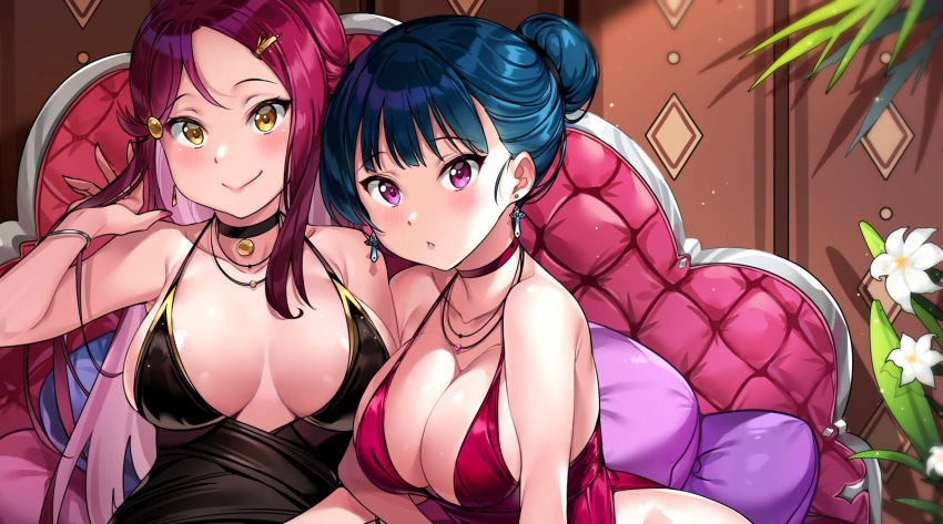 2girls bangs bare_shoulders black_dress blue_hair bracelet breasts choker cleavage closed_mouth dress earrings eyebrows_visible_through_hair hair_bun hair_ornament hair_tucking hairclip indoors jewelry large_breasts legs_crossed looking_at_viewer love_live! love_live!_sunshine!! multiple_girls nail_polish necklace parted_bangs parted_lips red_dress redhead sakurauchi_riko shiny shiny_skin sitting smile symbol_commentary tem10 tsushima_yoshiko violet_eyes yellow_eyes