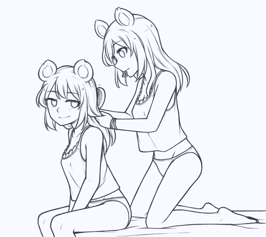 2girls animal_ears bare_legs bare_shoulders barefoot bear_ears between_legs brushing_another's_hair camisole eyebrows_visible_through_hair eyes_visible_through_hair from_side greyscale hair_brush hair_down hair_tie_in_mouth hand_between_legs kneeling lineart long_hair looking_at_another monochrome mouth_hold multiple_girls nieve_(rabi_ribi) nixie_(rabi_ribi) no_pants panties rabi-ribi siblings simple_background sisters sitting smile spaghetti_strap speckticuls underwear white_background wristband