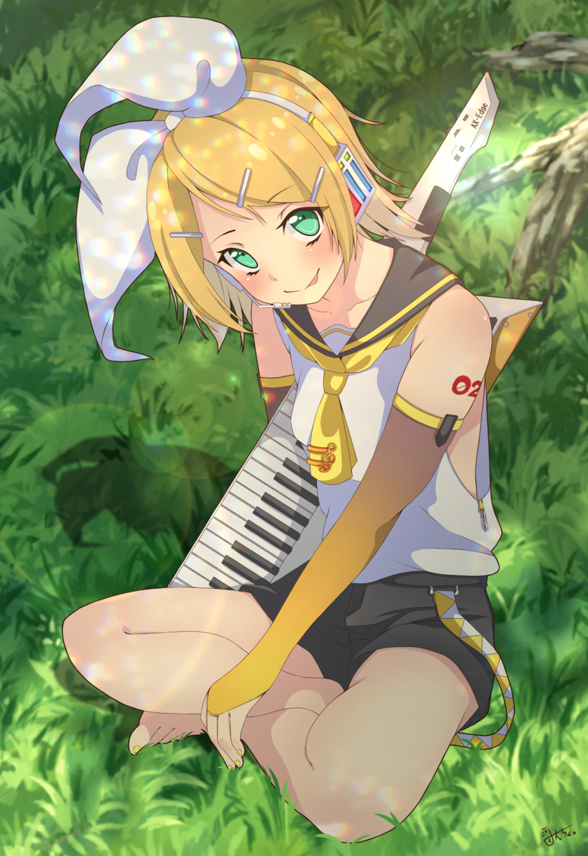 1girl aqua_eyes bare_legs bare_shoulders belt blonde_hair bow bridal_gauntlets dappled_sunlight full_body gloves grass hair_bow hair_ornament hairclip headphones headset highres holding holding_instrument instrument kagamine_rin kawadancho keyboard_(instrument) looking_at_viewer necktie sailor_collar short_hair shorts shoulder_tattoo sitting smile solo sunlight tattoo tongue tongue_out vocaloid white_bow yellow_gloves