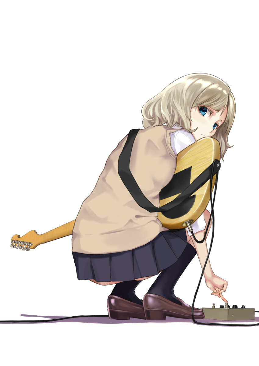 1girl ashiya_hiro ass black_legwear blue_eyes blue_skirt blush brown_footwear cable closed_mouth commentary_request electric_guitar from_behind full_body guitar highres instrument kneehighs loafers looking_at_viewer looking_back miniskirt original pleated_skirt school_uniform shirt shoes short_hair short_sleeves silver_hair simple_background skirt solo squatting sweater_vest white_background white_shirt
