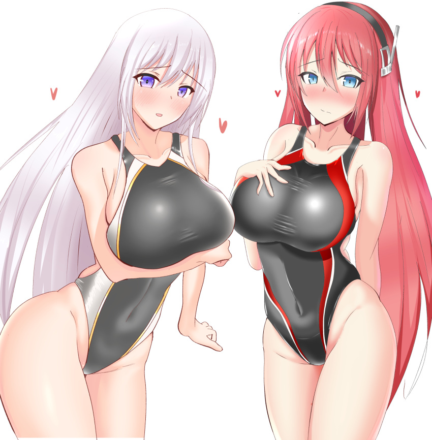 2girls aki_(akiiiiiiiii1875) azur_lane black_hairband black_swimsuit blue_eyes blush breasts commentary_request competition_swimsuit covered_navel cowboy_shot enterprise_(azur_lane) hair_between_eyes hairband headgear heart highleg highleg_swimsuit highres large_breasts leaning_forward long_hair looking_at_viewer multiple_girls one-piece_swimsuit ranger_(azur_lane) redhead silver_hair simple_background standing swimsuit taut_clothes taut_swimsuit very_long_hair violet_eyes white_background