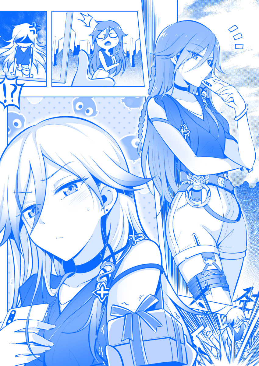 !? 1girl absurdres anger_vein angry blush bracelet braid cellphone choker commentary commentary_request fu_hua gift hair_ornament highres hirakuneko honkai_(series) honkai_impact_3 jewelry long_hair monochrome phone punching shaded_face shorts smartphone surprised sweatdrop tablet_pc thigh_strap thumbs_up
