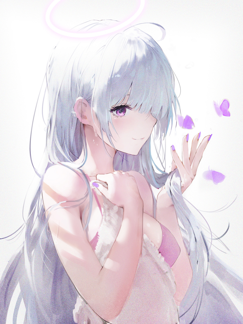 1girl backlighting bikini_top bug butterfly closed_mouth fingernails gradient gradient_background halo hand_on_own_chest haori_iori highres holding holding_hair insect long_hair nail_polish original profile purple_bikini_top silver_hair smile solo symbol_commentary towel upper_body violet_eyes wet