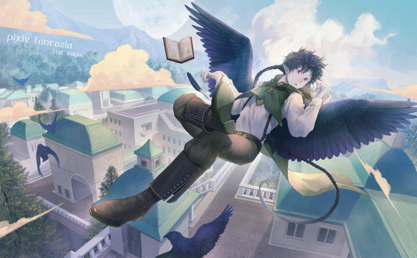 1boy bird black_wings blue_sky book braid braided_ponytail brown_footwear brown_pants building city clouds copyright_name day fantasy green_capelet highres long_hair looking_at_viewer low_ponytail male_focus melaelathayer_tetellie moon mountain outdoors pants pixiv_fantasia pixiv_fantasia_last_saga pointy_ears quill rackety red_eyes sky solo suspenders tree very_long_hair wings