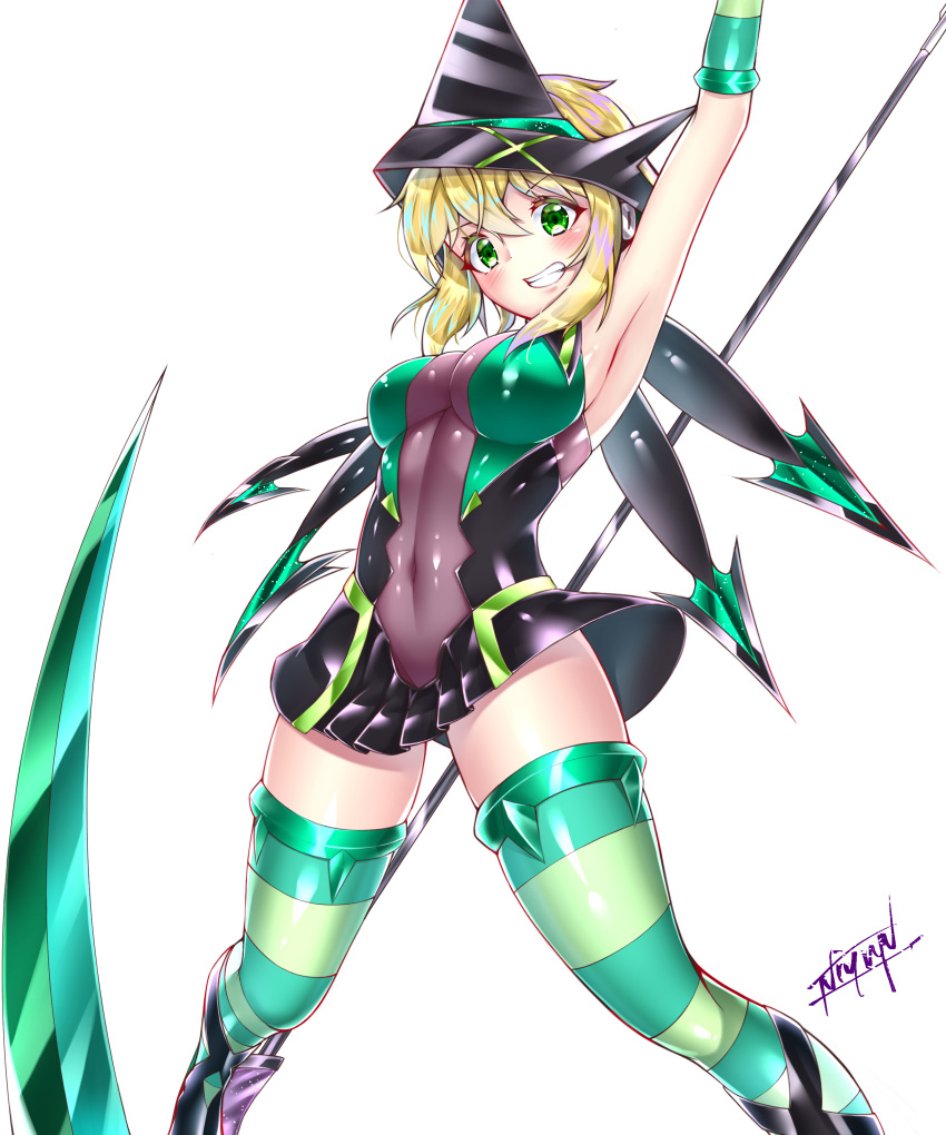 1girl absurdres akatsuki_kirika arm_up blonde_hair blush breasts covered_navel elbow_gloves gloves green_eyes green_legwear headgear highres holding holding_weapon large_breasts leotard looking_at_viewer niyu_n_iyun parted_lips scythe senki_zesshou_symphogear shiny shiny_clothes shiny_hair shiny_skin short_hair simple_background skirt solo striped striped_legwear teeth under_boob weapon white_background