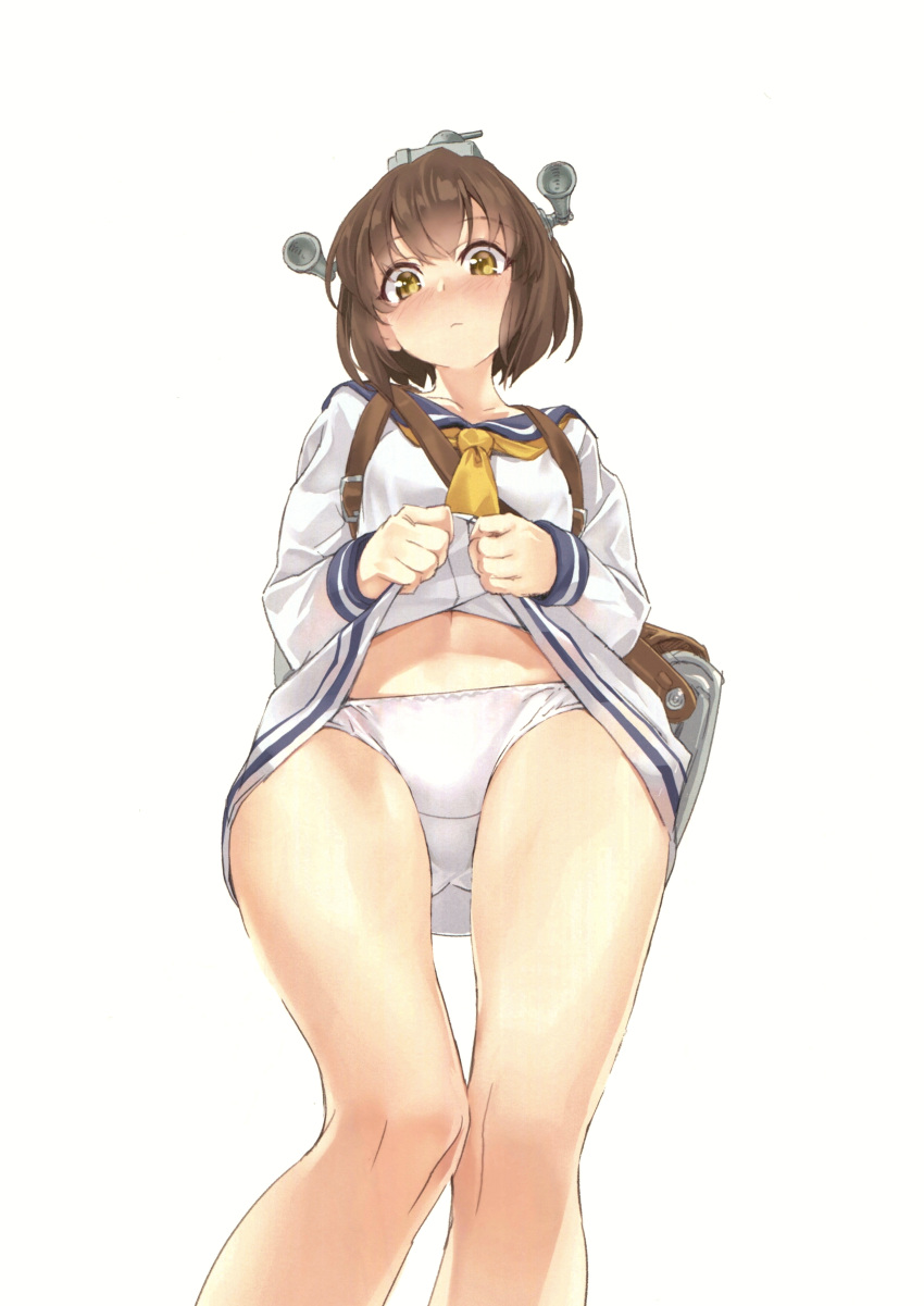1girl absurdres bangs blush brown_eyes brown_hair closed_mouth collarbone eyebrows_visible_through_hair hair_ornament highres kantai_collection lifted_by_self long_sleeves looking_at_viewer looking_down panties scan shiny shiny_hair simple_background skirt skirt_lift solo underwear white_background white_panties yahako yukikaze_(kantai_collection)