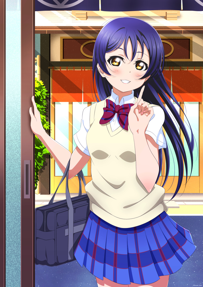 1girl absurdres bag bangs blue_hair blush bow bowtie commentary_request cowboy_shot hair_between_eyes highres index_finger_raised isami_don long_hair looking_at_viewer love_live! love_live!_school_idol_project otonokizaka_school_uniform parted_lips plaid plaid_skirt pleated_skirt pointing pointing_up red_neckwear school_bag school_uniform shirt short_sleeves skirt smile solo sonoda_umi standing striped striped_neckwear vest white_shirt yellow_eyes