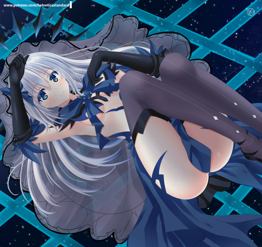 1girl armpits ass black_gloves blue_bow blue_eyes blue_feathers blue_skirt blush bow breasts crown date_a_live elbow_gloves feather-trimmed_gloves gloves hair_between_eyes hair_bow helvetica_5tandard highres knees_up legs long_hair looking_at_viewer medium_breasts no_panties sapphire_(gemstone) see-through silver_hair skirt smile solo thigh-highs thighs tobiichi_origami under_boob veil