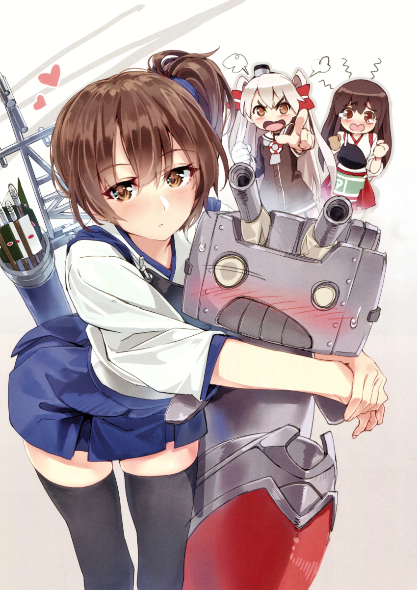 3girls absurdres akagi_(kantai_collection) amatsukaze_(kantai_collection) angry arrow black_dress black_hair black_legwear blue_skirt blush border brown_eyes brown_hair clenched_hand closed_mouth dress eyebrows eyebrows_visible_through_hair eyelashes fume garter_straps gloves gradient gradient_background hair_between_eyes hakama_skirt heart highres hug hug_from_behind japanese_clothes kaga_(kantai_collection) kantai_collection leaning_forward lifebuoy long_hair long_sleeves looking_at_viewer miniskirt multiple_girls muneate o_o own_hands_together partly_fingerless_gloves pleated_skirt pointing quiver red_skirt rensouhou-kun sailor_collar scan side_ponytail silver_hair single_glove skirt sweatdrop tasuki tears thigh-highs twintails two_side_up white_gloves yahako yellow_eyes yugake