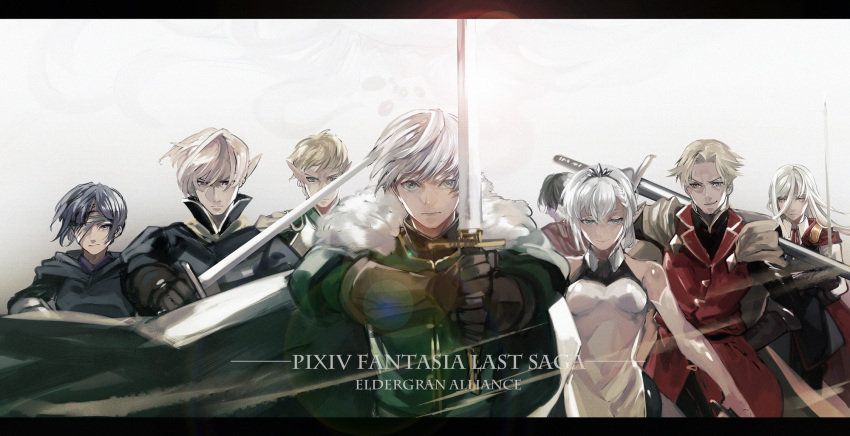3girls 5boys bandage bandaged_head bandages black_hair blonde_hair braid brown_eyes brown_gloves cape copyright_name dress elbow_gloves elion_the_king_of_spirits erebas_the_demon_king ethan_the_exiled_hero fur_trim gideon_(pixiv_fantasia_last_saga) gloves green_cape green_eyes grey_eyes highres holding holding_sword holding_weapon inna_the_queen_of_the_ruined_country long_hair multiple_boys multiple_girls niggurath_the_ancient_tree_branch onitobico pixiv_fantasia pixiv_fantasia_last_saga pointy_ears short_hair simple_background sleeveless sleeveless_dress sword upper_body vector_guild_chief weapon white_hair