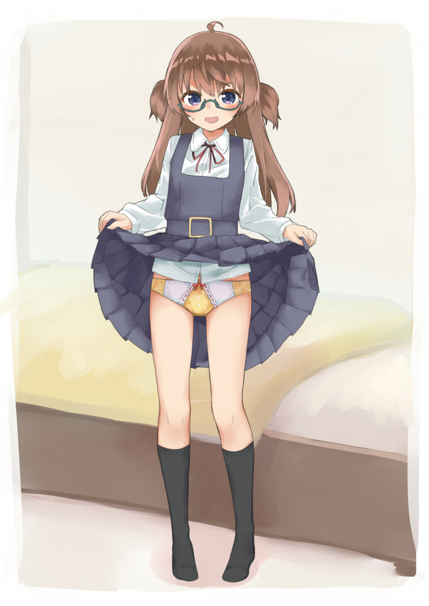 1girl ahoge amemiya_sekira bangs bed black_legwear blue_dress blush bow bow_panties brown_hair collared_shirt commentary_request dress dress_lift dress_shirt eyebrows_visible_through_hair green-framed_eyewear hair_between_eyes highres kneehighs lifted_by_self long_hair long_sleeves looking_at_viewer neck_ribbon no_shoes open_mouth original panties pinafore_dress pleated_dress polka_dot polka_dot_panties red_ribbon ribbon sekira_ame semi-rimless_eyewear shirt solo standing sweat two_side_up under-rim_eyewear underwear very_long_hair violet_eyes white_shirt yellow_panties