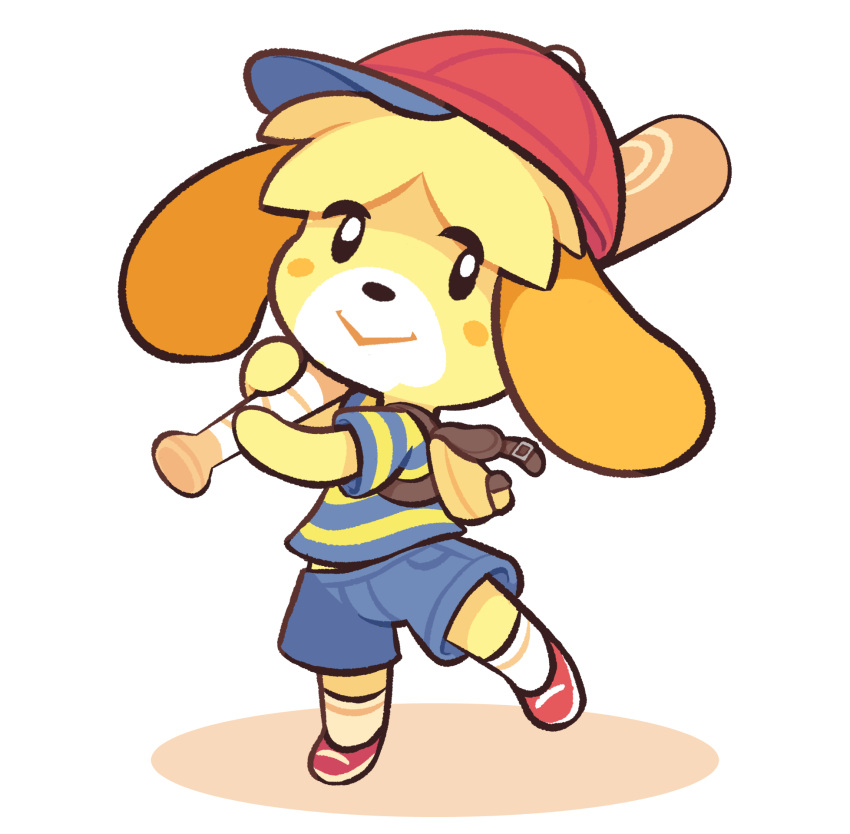 1girl animal_ears ape_(company) backpack bag baseball_bat baseball_cap blonde_hair blue_shorts commentary cosplay dog_ears dog_girl doubutsu_no_mori english_commentary hal_laboratory_inc. hat highres holding_baseball_bat looking_at_viewer mother_(game) mother_2 ness ness_(cosplay) nintendo no_humans red_headwear shirt shizue_(doubutsu_no_mori) short_sleeves shorts simple_background solo sora_(company) starman_jr. striped striped_shirt super_smash_bros. super_smash_bros._ultimate tobidase:_doubutsu_no_mori white_background