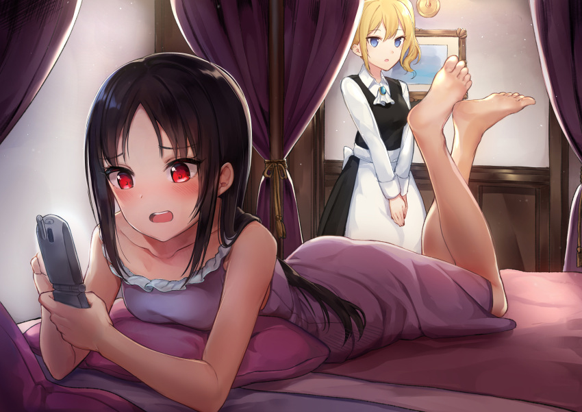 2girls :o absurdres apron ascot bada_(jksh5056) bangs bare_arms bare_legs bare_shoulders barefoot bed black_dress black_hair blonde_hair blue_eyes breasts brooch cellphone collarbone curtains dress frilled_dress frills hayasaka_ai highres holding holding_phone indoors jewelry kaguya-sama_wa_kokurasetai_~tensai-tachi_no_renai_zunousen~ legs_up light_particles long_hair long_sleeves looking_at_viewer lying maid maid_apron medium_breasts multiple_girls on_bed on_stomach open_mouth own_hands_together parted_bangs parted_lips phone picture_frame pillow purple_dress red_eyes shinomiya_kaguya side_ponytail sidelocks sleeveless sleeveless_dress v_arms wing_collar