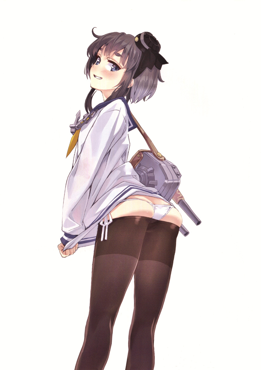 1girl absurdres anchor ass black_legwear blue_eyes blush cannon dress dress_tug from_behind grey_background grey_hair grin hat highres kantai_collection long_sleeves looking_at_viewer looking_back mini_hat panties pantyhose sailor_collar sailor_dress scan short_hair_with_long_locks side-tie_panties skindentation smile solo tokitsukaze_(kantai_collection) underwear white_panties yahako