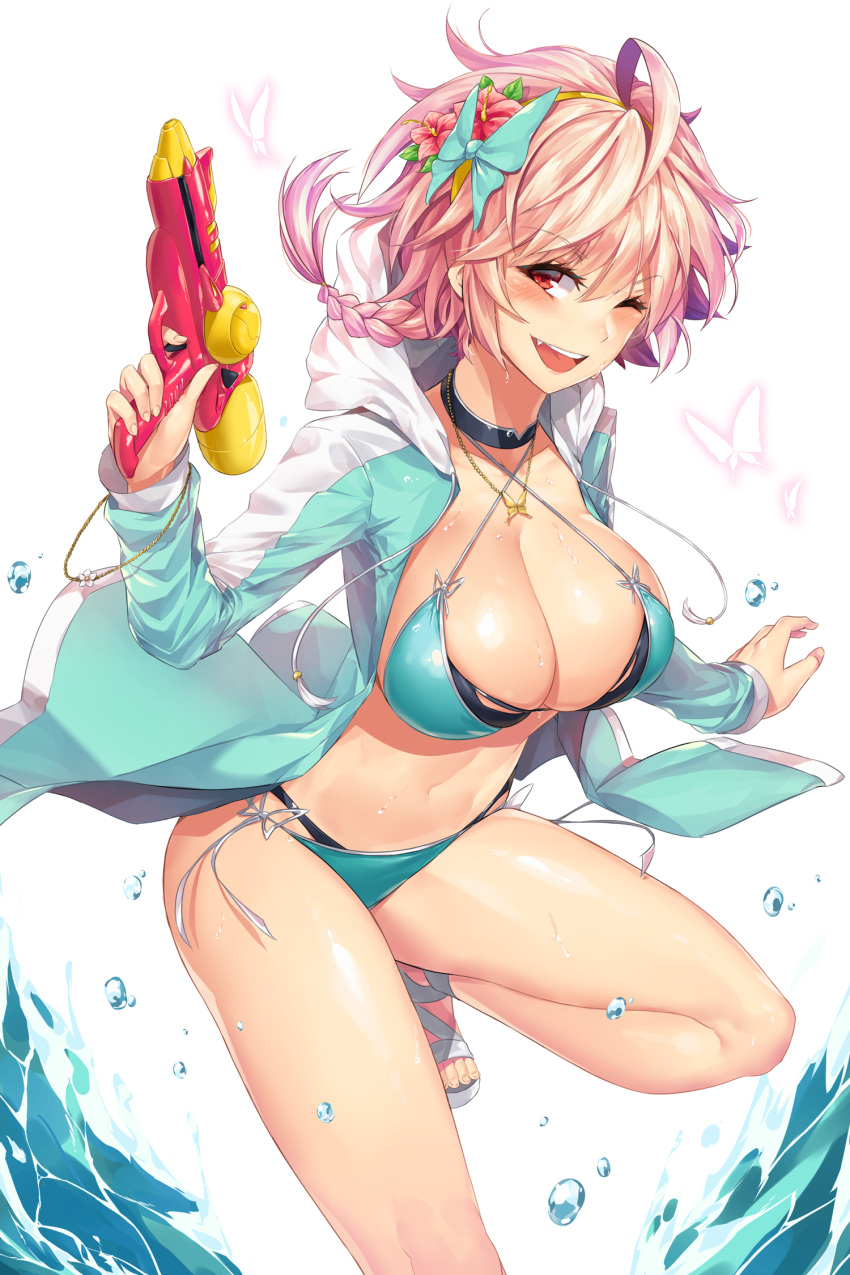 1girl ahoge aqua_bikini bangs bikini blush bow bracelet braid breasts bug butterfly choker cleavage collarbone commentary english_commentary eyebrows_visible_through_hair fang flower hair_between_eyes hair_bow hair_flower hair_ornament hairband highres holding holding_water_gun hood hooded_jacket insect jacket jewelry large_breasts leg_up long_sleeves looking_at_viewer medium_hair moing navel necklace one_eye_closed open_mouth pink_hair red_eyes shoes side-tie_bikini simple_background single_braid skindentation smile soccer_spirits solo string_bikini swimsuit thighs water water_drop wet wet_hair