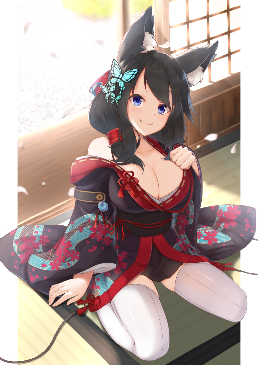 1girl absurdres animal_ears azur_lane black_hair black_kimono blue_eyes blush breasts butterfly_hair_ornament cat_ears cherry_blossoms cleavage day eyebrows_visible_through_hair fusou_(azur_lane) fusuma hair_between_eyes hair_ornament hand_on_own_chest highres indoors japanese_clothes kimidori3_karla kimono large_breasts long_hair long_sleeves looking_at_viewer medium_hair open_mouth petals sash short_kimono shouji sitting sliding_doors smile solo thigh-highs wariza white_legwear wide_sleeves wooden_floor