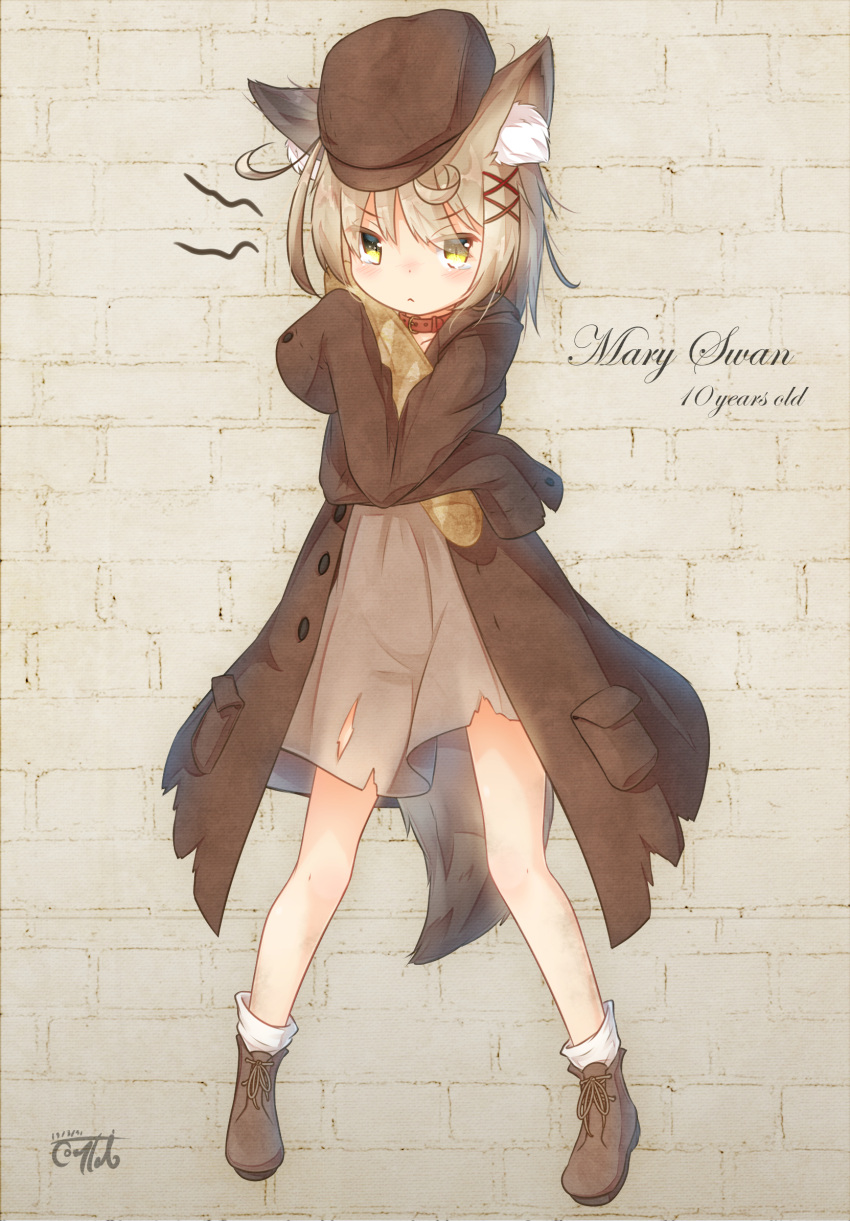 1girl :&lt; animal_ear_fluff animal_ears baguette bangs blush boots bread brick_wall brown_coat brown_dress brown_footwear brown_headwear cabbie_hat closed_mouth coat coreytaiyo dated dress eyebrows_visible_through_hair eyes_visible_through_hair food full_body hair_ornament hair_over_one_eye hat highres long_sleeves looking_at_viewer object_hug open_clothes open_coat original signature sleeves_past_fingers sleeves_past_wrists socks solo standing tail tears torn_clothes torn_dress white_legwear wolf_ears wolf_girl wolf_tail x_hair_ornament yellow_eyes