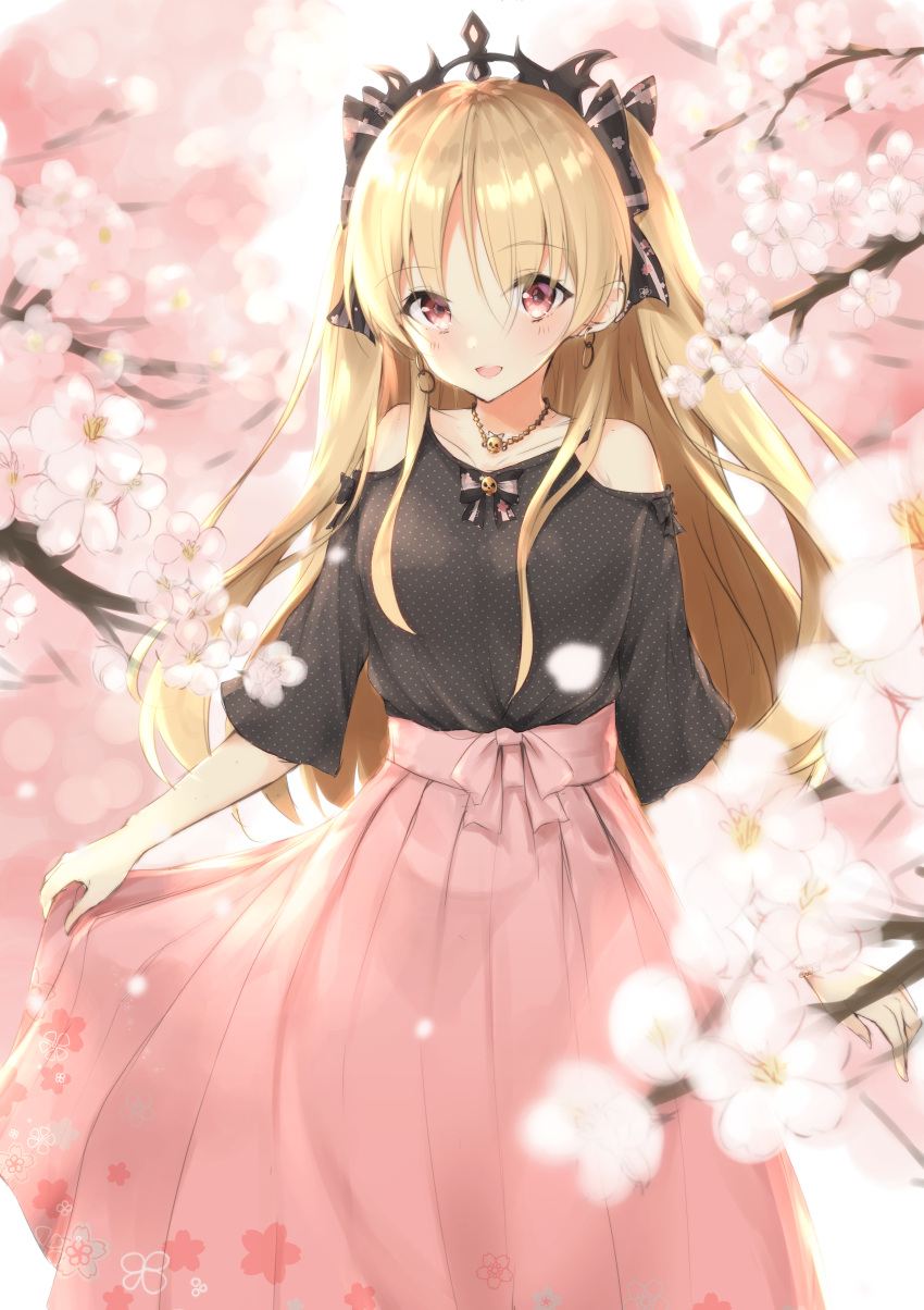 1girl :d absurdres bangs bare_shoulders black_bow black_shirt blonde_hair blush bow cherry_blossoms collarbone commentary_request earrings ereshkigal_(fate/grand_order) eyebrows_visible_through_hair fate/grand_order fate_(series) hair_between_eyes hair_bow highres huge_filesize infinity jewelry long_hair looking_at_viewer necklace open_mouth pink_skirt pleated_skirt polka_dot polka_dot_shirt red_eyes shirt short_sleeves shoulder_cutout skirt skirt_hold skull smile solo striped striped_bow tree_branch two_side_up uzuki_tsukuyo very_long_hair