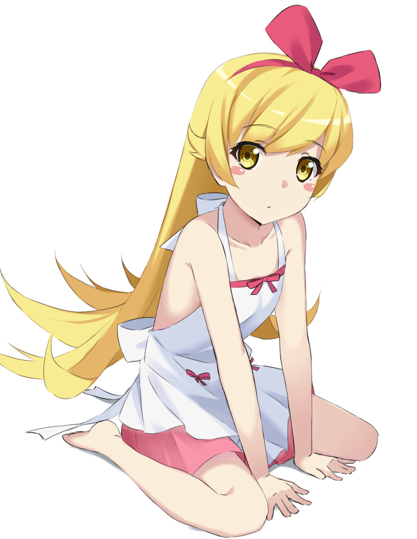 1girl absurdres bakemonogatari bangs bare_arms bare_shoulders barefoot between_legs blonde_hair blush_stickers bow brown_eyes closed_mouth collarbone commentary_request dress eyebrows_visible_through_hair hair_between_eyes hair_bow hairband hand_between_legs head_tilt highres kohakope long_hair monogatari_(series) oshino_shinobu pink_skirt red_bow red_hairband simple_background sitting skirt sleeveless sleeveless_dress solo very_long_hair wariza white_background white_dress