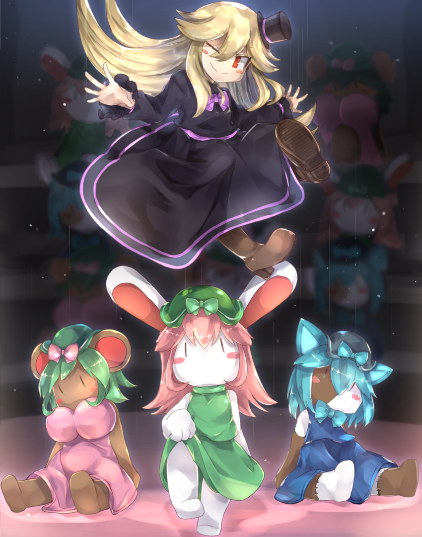 6+girls arms_at_sides bangs bear_puppet_(forest_of_blue_skin) black_dress blonde_hair blue_hair blue_headwear blue_ribbon blue_shirt blue_skirt blurry blurry_background blush_stickers boots breasts brown_footwear cat_puppet_(forest_of_blue_skin) closed_mouth dark_skin doll dress eyes_visible_through_hair floating_hair floor foreshortening forest_of_blue_skin frilled_sleeves frills green_hair green_headwear green_ribbon green_shirt green_skirt hair_between_eyes hair_intakes hat highres large_breasts leg_up long_dress mini_hat monster_girl multiple_girls no_mouth one_eye_closed outstretched_arms pink_dress pink_hair pink_ribbon pippi_(ku_ro_do_zorizo_to) puppet_strings puppeteer_(forest_of_blue_skin) purple_ribbon rabbit_puppet_(forest_of_blue_skin) red_eyes ribbon shirt sidelocks sitting skirt skirt_lift sleeveless sleeveless_dress sleeveless_shirt slit_pupils smile smug top_hat two-tone_skin white_skin you_gonna_get_raped