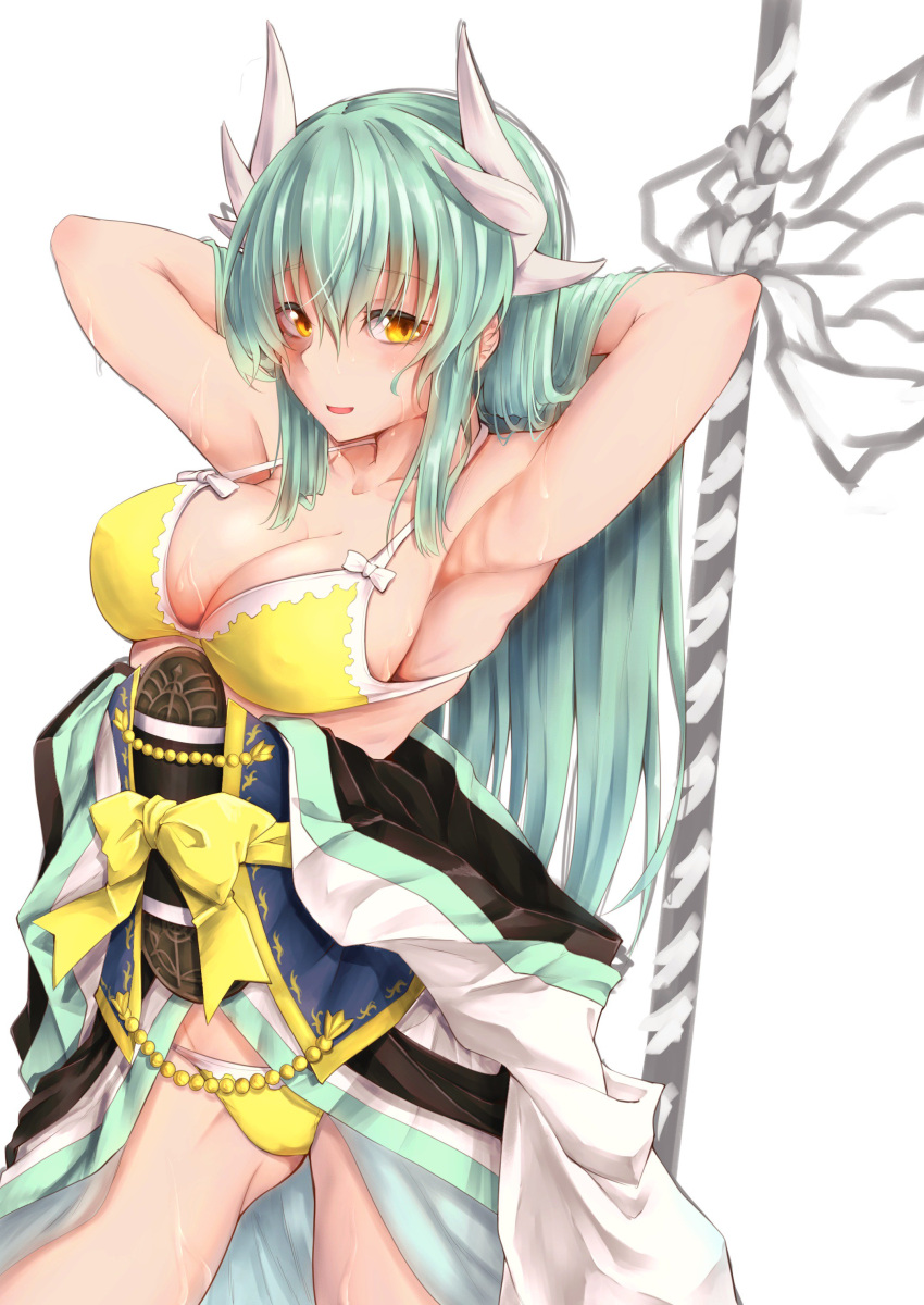 1girl :d absurdres aqua_hair armpits arms_behind_head bangs bare_shoulders bikini blush bow breasts cleavage cowboy_shot eyebrows_visible_through_hair fate/grand_order fate_(series) groin hair_between_eyes hair_bow highres horns japanese_clothes kimono kimono_pull kiyohime_(fate/grand_order) kiyohime_(swimsuit_lancer)_(fate) kuromu large_breasts long_hair looking_at_viewer medium_breasts navel open_mouth sidelocks smile solo swimsuit thighs very_long_hair wet yellow_bikini yellow_eyes