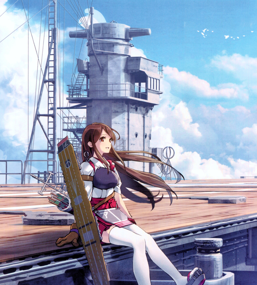 1girl absurdres akagi_(kantai_collection) animal armor arrow bird brown_eyes brown_hair clouds cloudy_sky day gloves hakama hakama_skirt highres japanese_clothes kantai_collection long_hair outdoors quiver red_hakama scan short_sleeves sitting skirt sky smile solo thigh-highs white_legwear yahako zettai_ryouiki