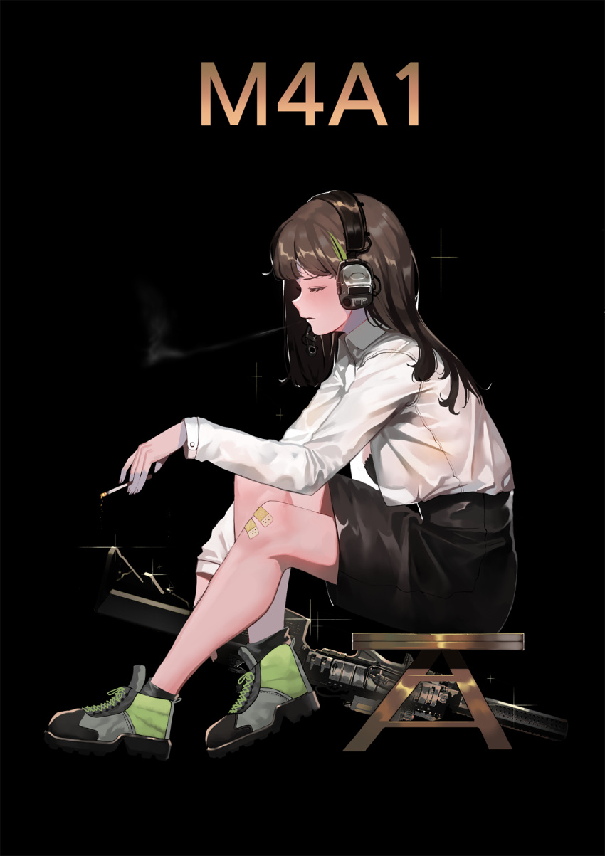 1girl assault_rifle bandaid bandaid_on_knee bangs black_skirt boots breasts breathing brown_hair character_name cigarette closed_eyes collared_shirt from_side girls_frontline green_hair gun hair_between_eyes headphones highres holding holding_cigarette ihobus long_hair long_sleeves m4_carbine m4a1_(girls_frontline) multicolored_hair rifle shirt sidelocks sitting skirt smoking stool streaked_hair weapon white_shirt