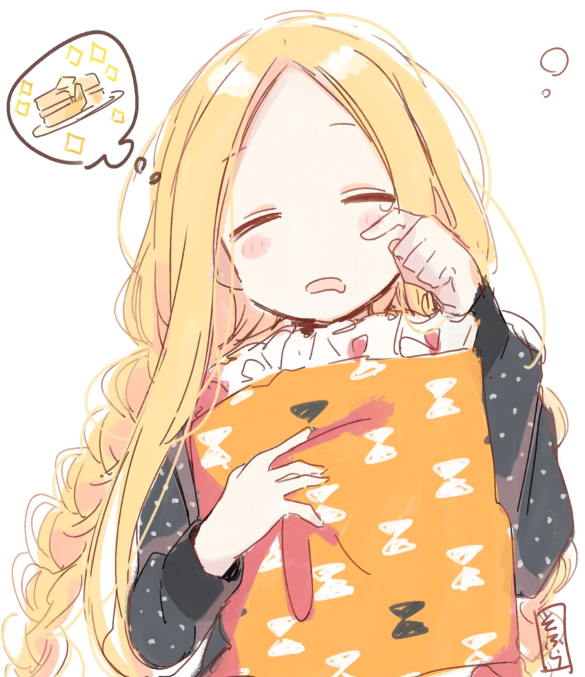 1girl abigail_williams_(fate/grand_order) bangs black_shirt blonde_hair blush_stickers braid closed_eyes eyebrows_visible_through_hair facing_viewer fate/grand_order fate_(series) food forehead frilled_pillow frills hand_up highres long_hair long_sleeves open_mouth pancake parted_bangs parted_lips pillow pillow_hug polka_dot polka_dot_shirt rubbing_eyes shirt sidelocks sleepy sofra solo sparkle stack_of_pancakes thought_bubble upper_body very_long_hair waking_up